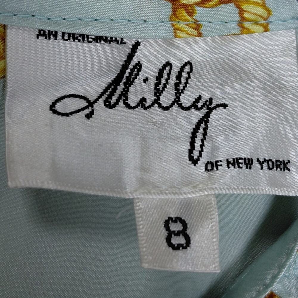 Milly Made in USA 100% Silk Blue Ruffle Crew Neck Geometric Top Size 8 - Picture 6 of 10